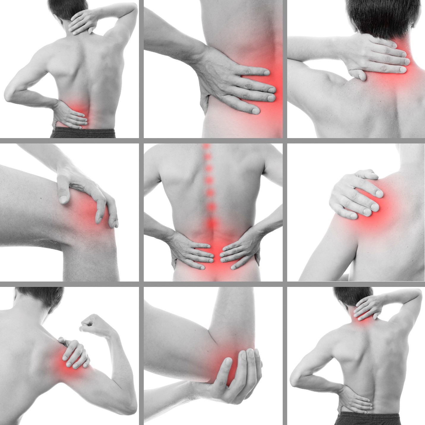 A collage of nine images showing people holding various parts of their bodies in pain, with red highlights indicating the areas of discomfort, including back, neck, shoulder, knee, and elbow