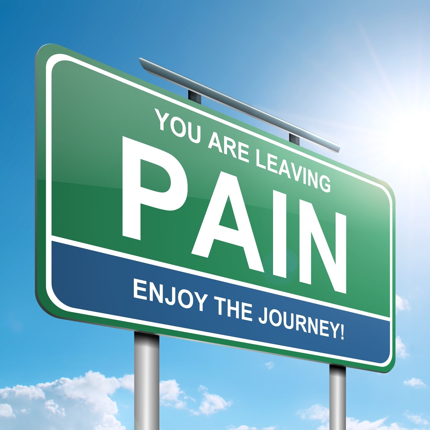 A green road sign against a blue sky that reads YOU ARE LEAVING PAIN ENJOY THE JOURNEY
