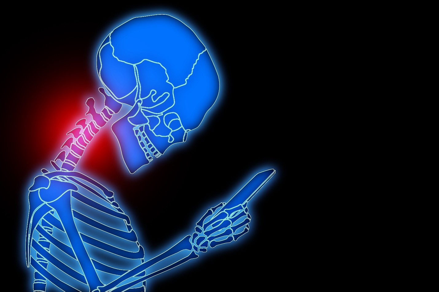 Blue skeletal figure looking down at a smartphone with the neck area highlighted in red