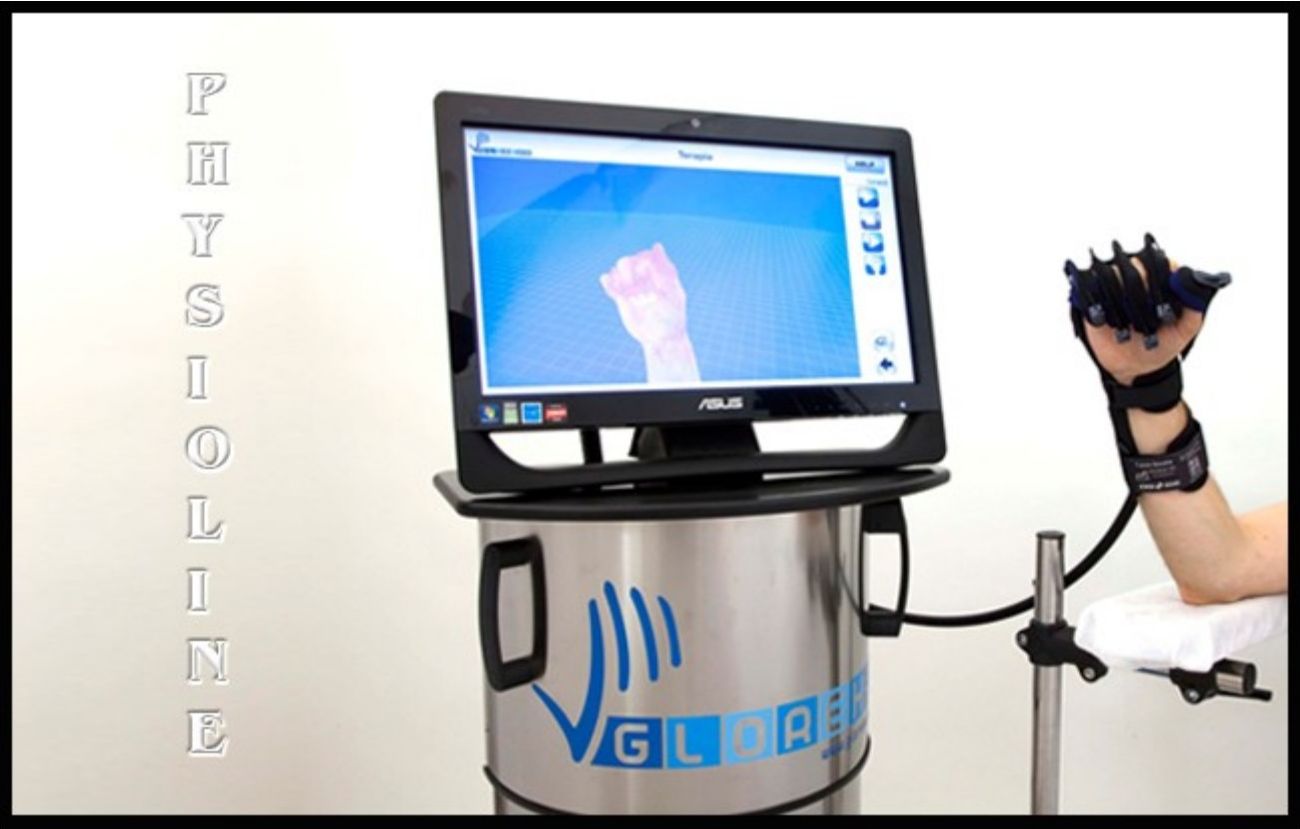 Robotic hand rehabilitation device Gloreha with a patient's hand inside a robotic glove and a virtual hand on screen