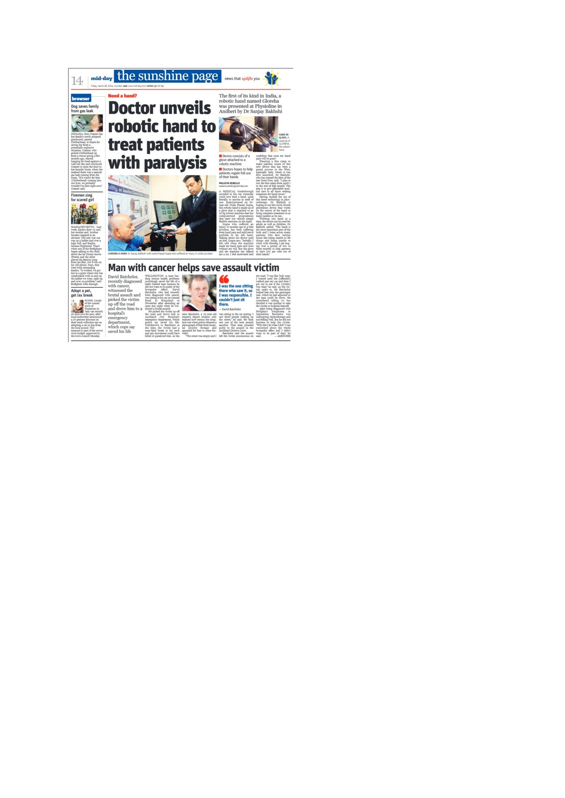 Newspaper coverage of Gloreha robotic hand and paralysis treatment at the centre