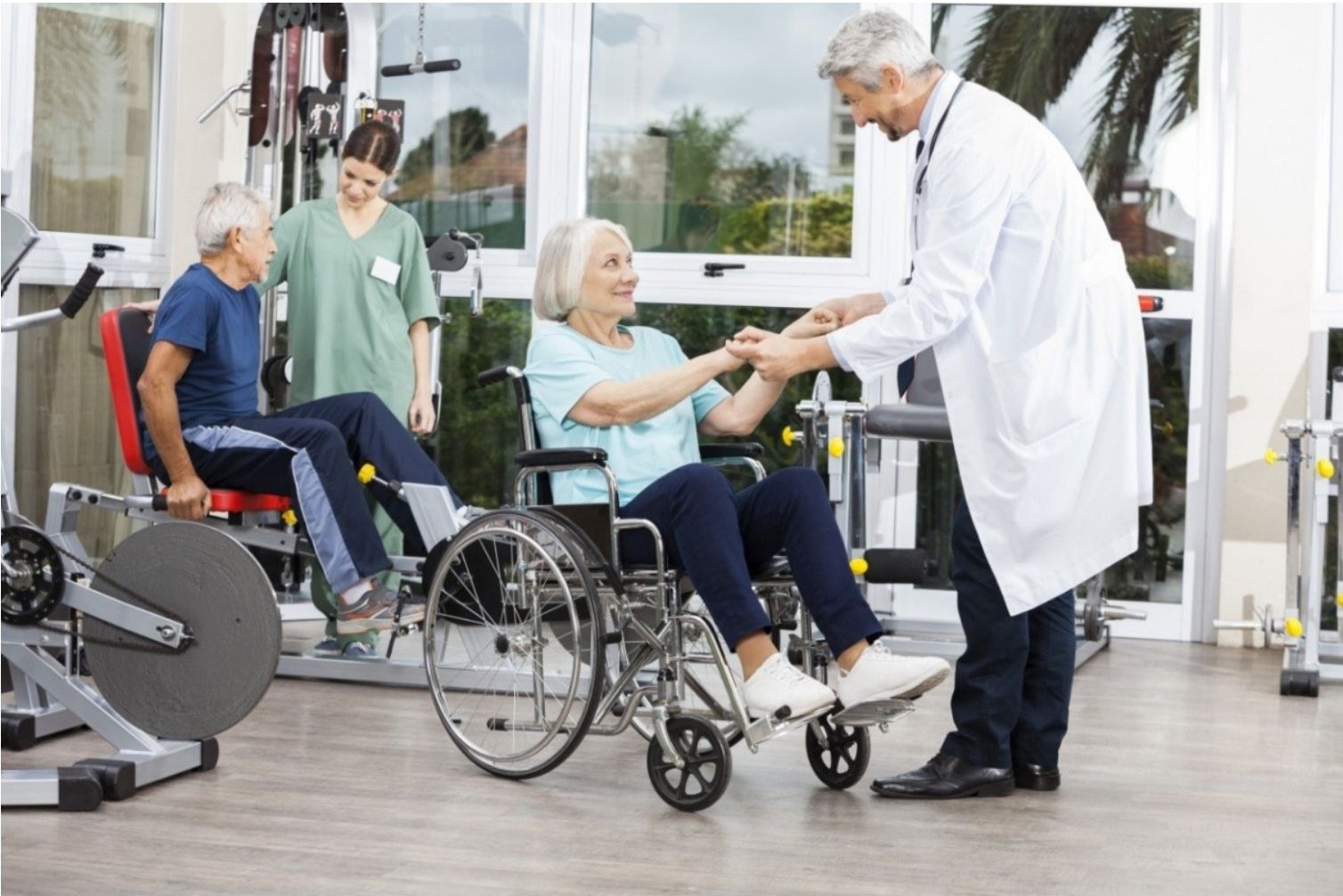A doctor assisting a patient in a wheelchair with physical therapy exercises