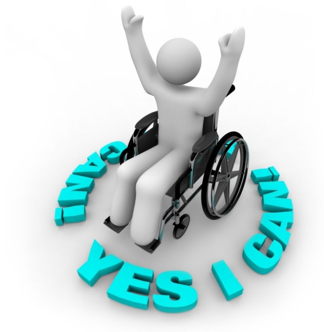 A 3D figure in a wheelchair with arms raised, surrounded by the words YES I CAN in blue letters