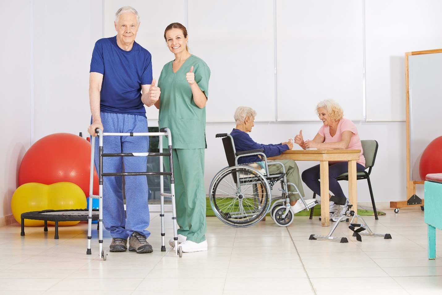 A rehabilitation centre with a nurse, an elderly man using a walker, and other patients interacting