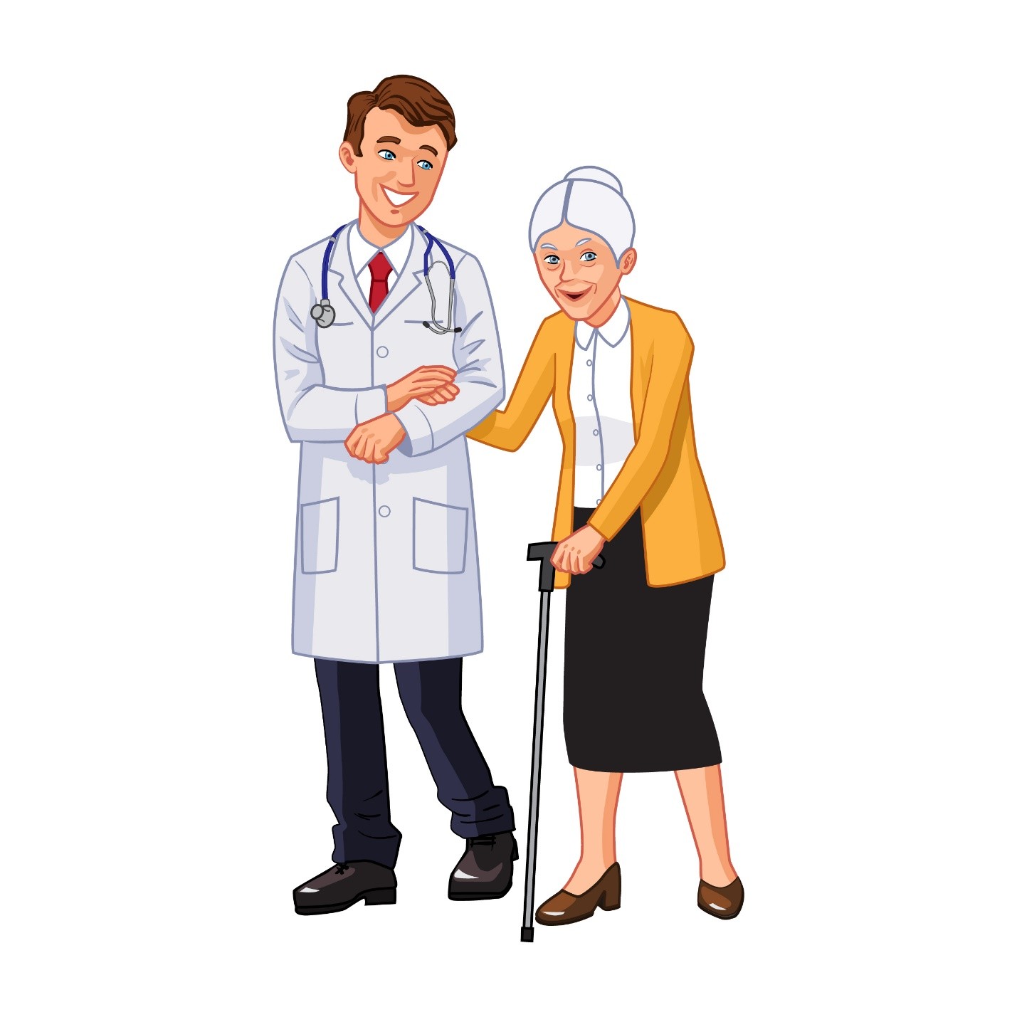 Cartoon doctor with an elderly patient holding a cane